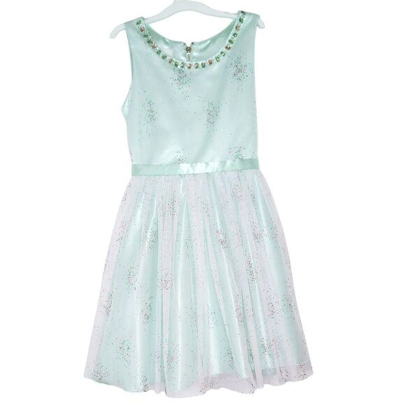 American Princess Mint Green Sleeveless Glitter Dress With Gem Neckline Size 8 - Picture 1 of 7